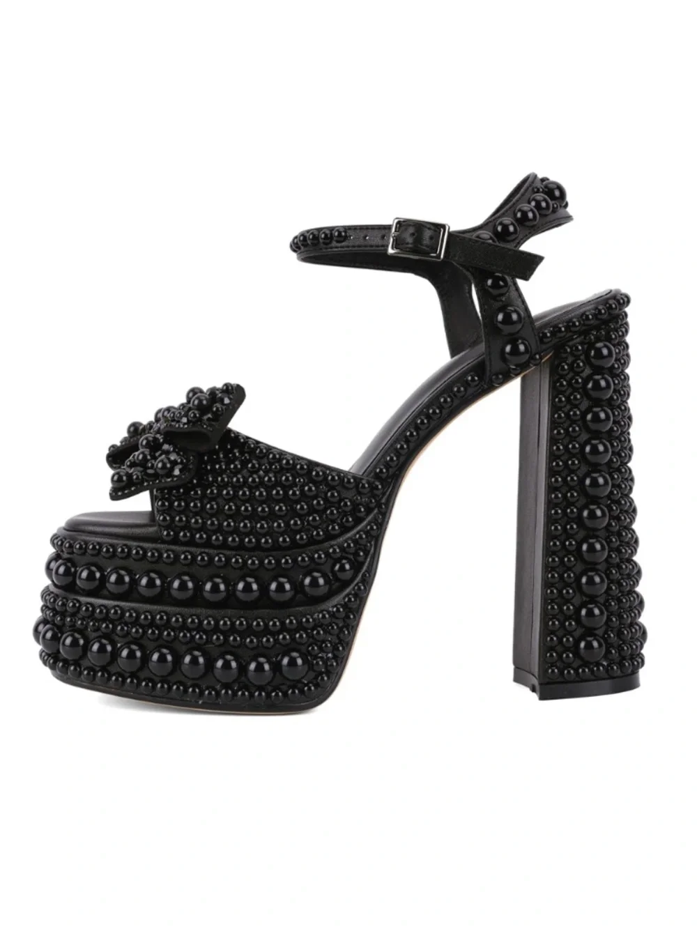 Pearl-Embellished Black Platform Sandal with Ankle Strap